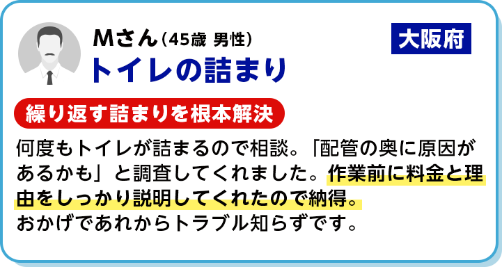 トイレの詰まり 繰り返す詰まりを根本解決 何度もトイレが詰まるので相談。「配管の奥に原因があるかも」と調査してくれました。作業前に料金と理由をしっかり説明してくれたので納得。おかげであれからトラブル知らずです。